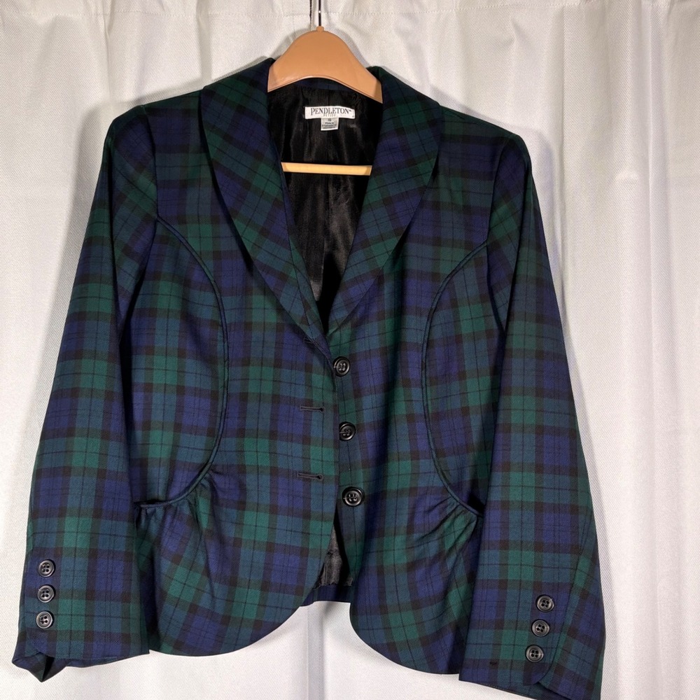 Pendleton Sz 16P Navy Blue Black Watch Tartan virgin Wool Blazer Dark Academia